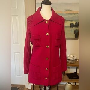 Vintage Montgomery Ward Red Knit Sweater Jacket Gold Buttons Size 36 Cardigan